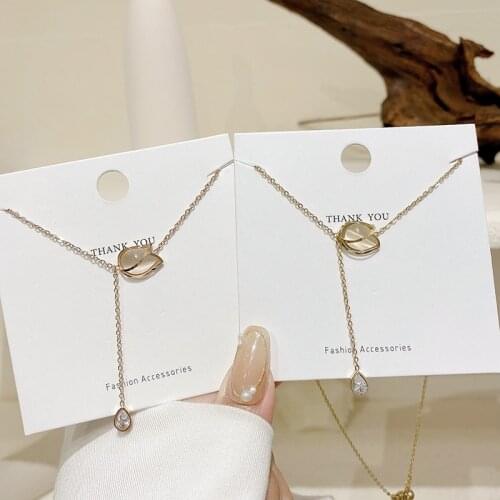 Origin Summer Korean Fashion Rose Flower Stainless Steel Pendant Necklace for Women Asymmetric Waterdrop Opals Necklace Jewelry