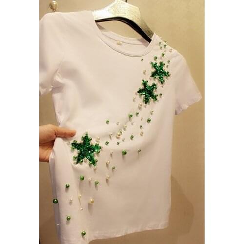 Plus size 8XL!Heavy Industry summer Beaded Sequins Green Stars Pure Cotton T-SHIRT women Stretch All-match Top tees