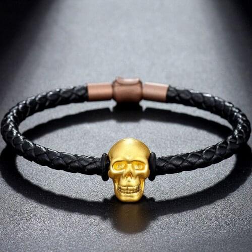 Genuine 24K Yellow Gold Unique Skull-Shape Bead with Black Leather Bracelet Length from 5" to 15"
