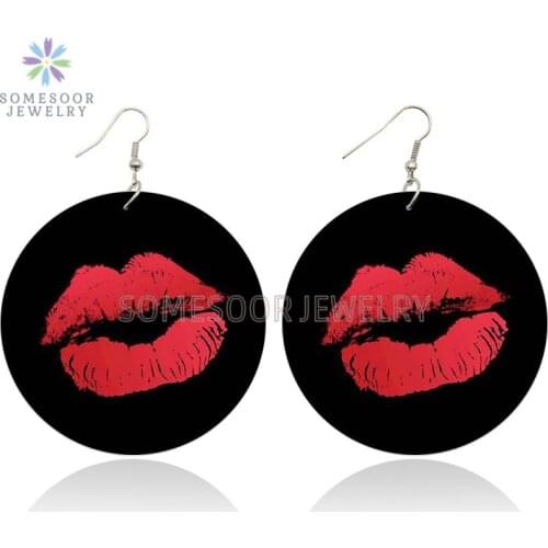 SOMESOOR Vintage Big Red Lips Painted Wooden Drop Earrings 6CM Round Pendant Loops Bohemian Ear Dangle Jewelry For Women Gifts