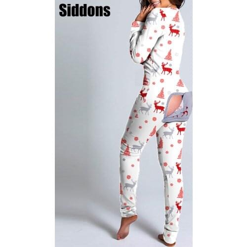 Womens Long-Sleeved Homewear Open Crotch One-Piece Pajamas V-Neck Cartoon Printed Jumpsuit for Fall and Winter 2021