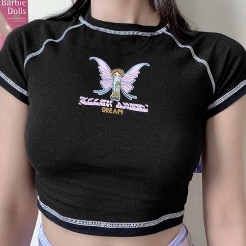 Saxy Ladies Short Top Women Butterfly Letter Printing Shirt Y2k Crop Top Round Neck T-shirt