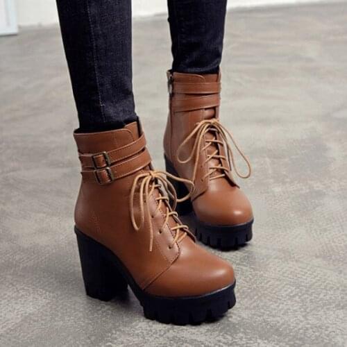 PXELENA Retro Lace Up Buckle Women Punk Rock Gothic Ankle Boots Chunky Block High Heels Combat Boots Female Winter Shoes