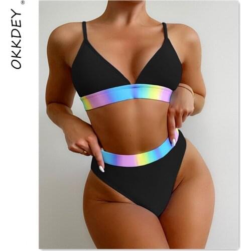High Waist Bikinis Womens Swimsuit 2021 Push Up Swimwear Neon Splicing Biquini Sexy V Neck Bathing Suits Summer Beachwear New