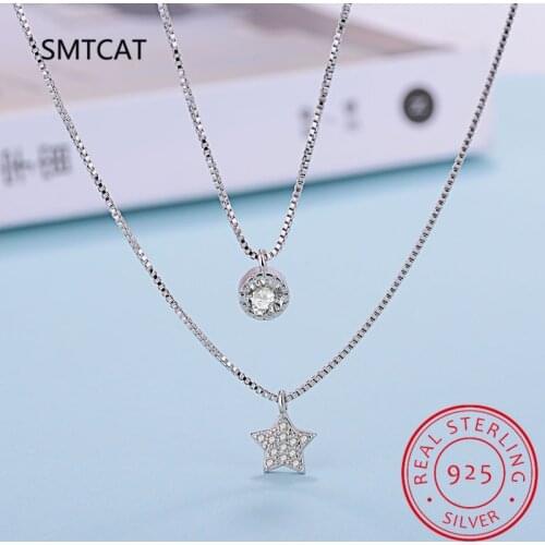 925 Sterling Silver Round Shiny Zircon Crystal Double Layer Star Charm Pendant Necklace For Women Wedding Jewelry Choker Collar
