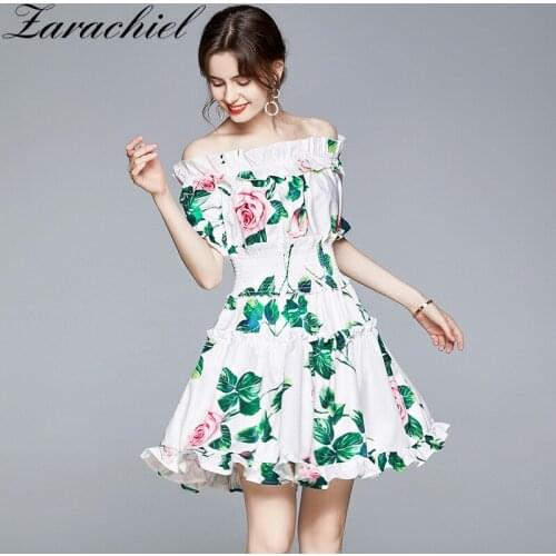 Runway Sicily Pink Rose Floral Dress Women Ruffles Flower Leaves Print Off Shoulder Puff Sleeve Dress Female Holiday Mini Dress