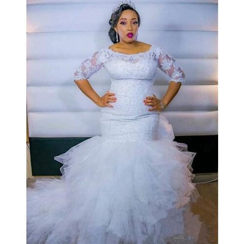 Plus Size African Wedding Dresses 2023 Design Custom Made Court Train 3/4 Long Sleeve Ruffled Tulle Lace Mermaid Bridal