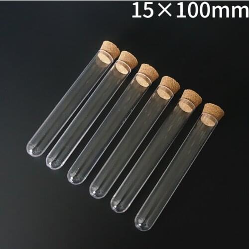 100pcs 15*100mm(5.9*39.3in) Clear Plastic Test Tube With Cork Stopper U-shape Bottom Like Glass Test Tube Wedding Favours Vial