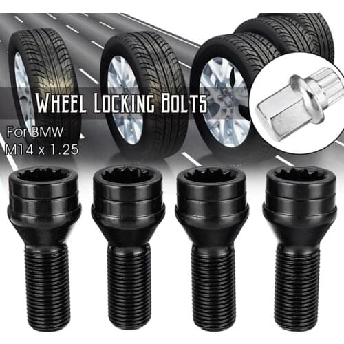 4pcs M14 x 1.25 Wheel Locking Bolts Lug Nut Black + Key For BMW Mini R50 R52 R53