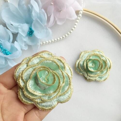 5Pcs 6.2*6.2cm Blue with green gold embroidery 3D lace flower patch flower applique DIY stage dance dress accessories W470