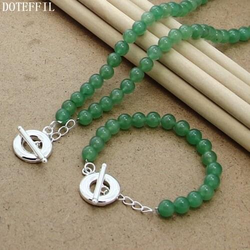 DOTEFFIL 8mm Green Agate Beaded Chain 925 Silver OT Buckle Necklace Bracelet Set For Women Wedding Engagement Party Jewelry
