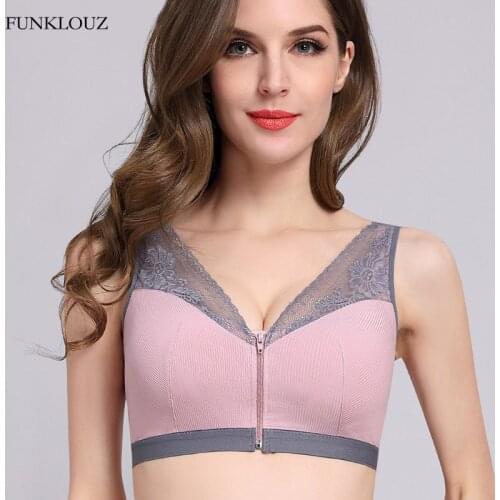 Funklouz Front Buckle Zipper Lace Bra Fake Breast Form Mastectomy Bra Women Push Up Sports Sleep Vest Bralette Lingerie