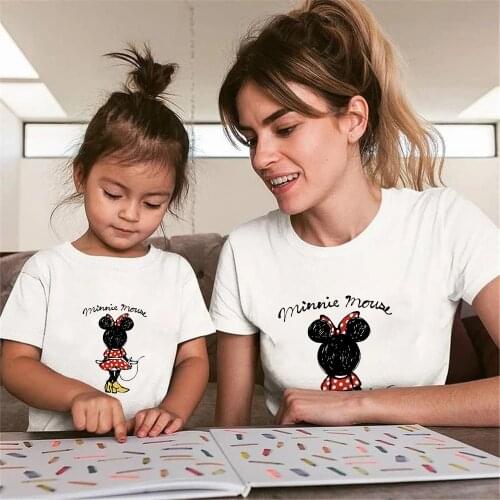 Minnie Mouse Disney Cartoon Printed Family Matching Clothes Summer Short Sleeve White O-neck Tshirt Mama Kids Family T-shirts