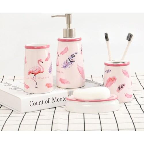 Ceramic bathroom supplies bathroom set(4 pieces) mug cup, PINK FLAMINGO