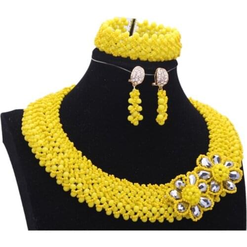 Yellow Necklace African Beads Jewelry Sets For Women Statement Flower Jewelry Nigerian Wedding Beads Bridal Necklace Flower 2018