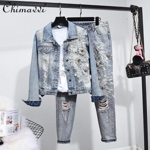 European Style Denim Cloth Sets Womens Sets Spring/Autumn New Studded Flower Embroidered Long Sleeve Jacket+Hole Jeans Pants