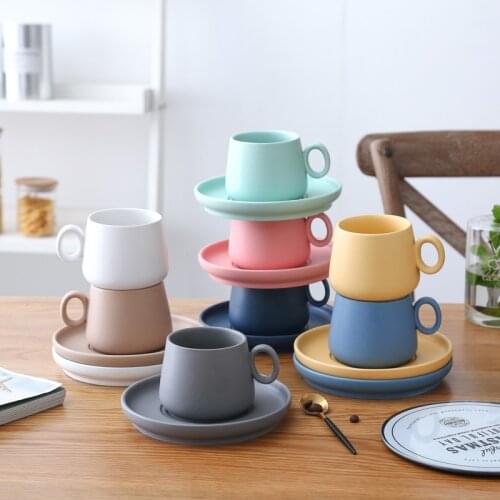 Macaron Matte Frosted Ceramic Coffee Cup and Saucer Mug Breakfast and Saucer Couple Water Big Belly and Saucer Wholesale