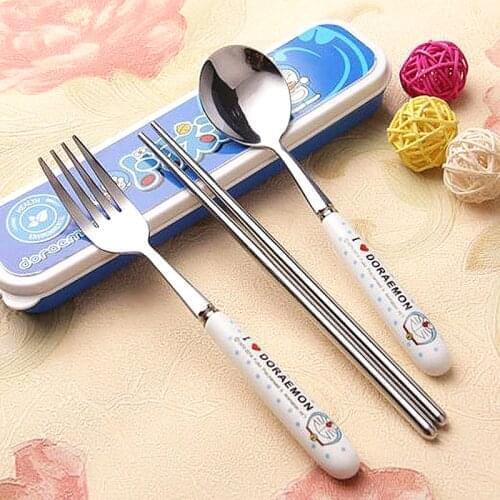 Cute portable three-piece tableware set student tableware set stainless steel chopsticks cartoon children spoon fork adult box