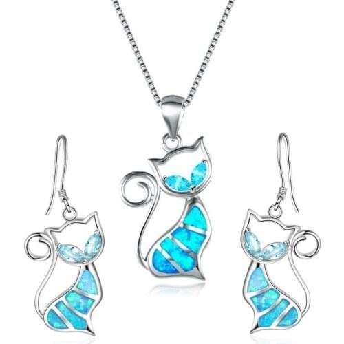 Fashion Women Jewelry Set Cute Kitten Pendant Crystal Earrings For Girl Necklace Animal Design Pendant Accessories