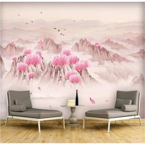 Peach blossom artistic conception landscape cloud fog background wall custom wallpaper 8D waterproof wall covering