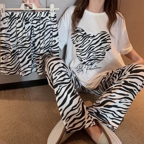Pajama Set Women Korean Style Zebra Print Simple Ins Chic Loose Tops 0-neck Short Sleeve Basic Homewear Students Lounge 3 Piece