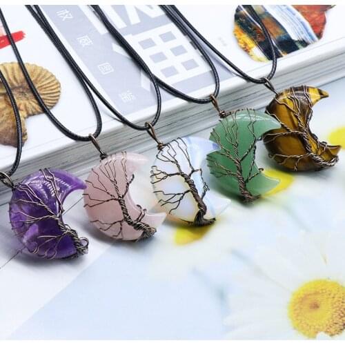 Natural Stone Crescent Moon Necklaces Wire Wrapped Crystal Pendants Amethysts Pink Quartz Opal Reiki Healing Jewelry Necklace