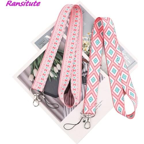 Ransitute R1923 Bohemian Style Pink Diamond Lattice Fashion Lanyard Badge ID Lanyards Mobile Phone Rope Key Lanyard Neck Straps