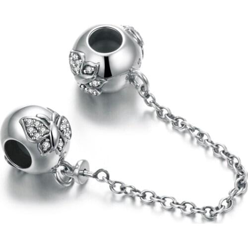 GW 925 Sterling Silver Charms Bead Fit Bracelet Safety Chain Clear CZ StopperDIY Bead for Jewelry