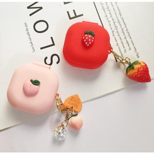 Silicone Protect Case for Samsung Galaxy buds live PRO Wireless Earphone Charging Box Accessories with Cute Peach Keychain Cover