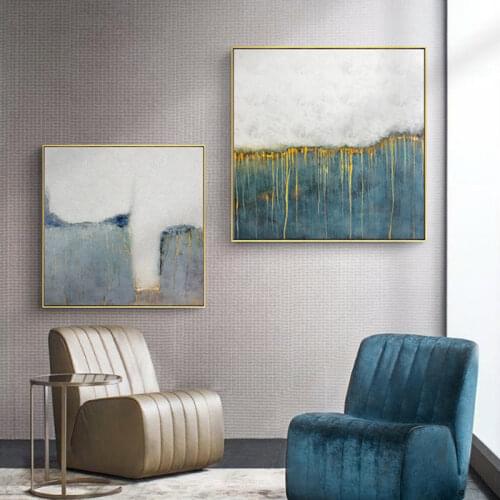 Modern Abstract Golden Blue Lines Canvas Painting Nordic Minimalist Poster and Print Wall Picture for Living Room Home Decor