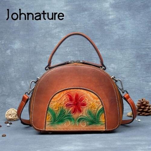 Johnature Genuine Leather Retro Women Bag 2021 New Handmade Embossed Nature Cowhide Handbag Versatile Shoulder & Crossbody Bags
