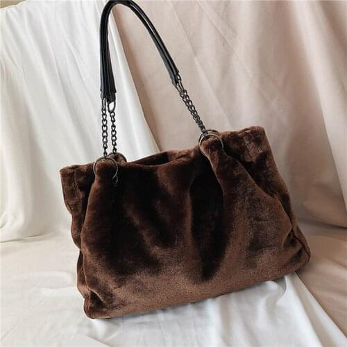 Faux Fur Women Shoulder Bag Casual Plush Lady Tote Handbag Fashion Chain Larger Capacity Shopping Bag Travel Purse Female Winter