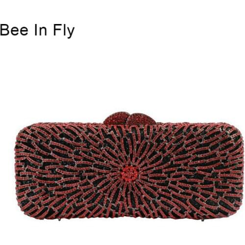 Bee In Fly Red Rhinestones Women Evening Bags Metal Minaudiere Wedding Party Crystal Clutch Handbag Formal Purses Crystal Bags