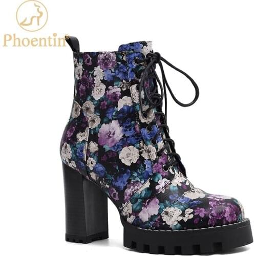 Phoentin Flower print Womens shoes platform thick heel ankle boots New arrival 2020 autumn winter cross tied zip shoes FT1100