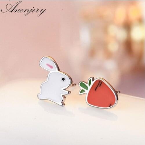 ANENJERY 925 Sterling Silver Tiny Rabbit Radish Cartoon Animal Earrings For Women School Girl Birthday Gifts Party S-E560