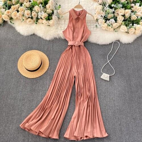 Commuter Womens European American Style Jumpsuit Women Temperament Lapel Slim Breasted Heavy-duty Pleated Wide-leg Pants UK914