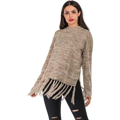 Womens Oversized Casual Knitting Pullover Sweaters O-Neck Long Sleeves Tassel Split Hem Women Loose Pullover August Spring 2021