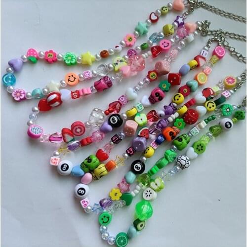HUANZHI Harajuku Fruit Smiley Beaded Necklace for Women Multicolor Pearl Choker INS Trendy Clay Fruit Bohemia Accessories