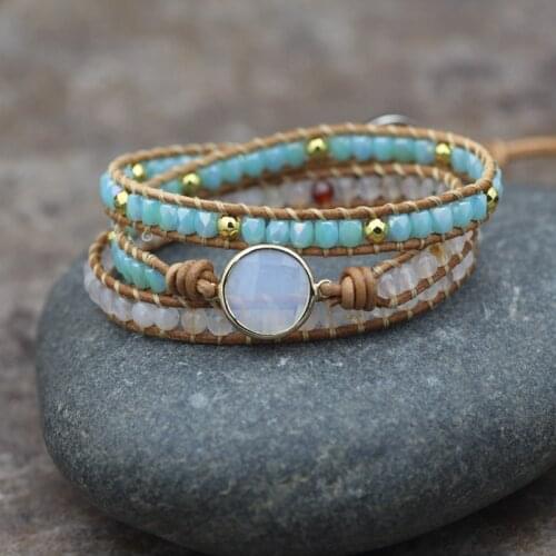 2020 New Round Stone Opal Beaded Hand Woven Wax Rope 3 Layer Twined Bracelet for Women