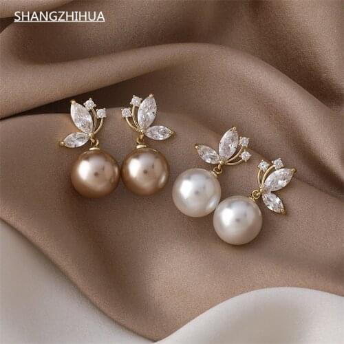2021 New Korean Pearl Pendant Luxury Zircon Butterfly Earrings For Women Trend Fashion Minimalist Girls Unusual Jewelry