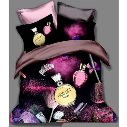 Girls Pink Makeup Products Perfume Pattern Duvet Cover Set with Pillowcases Pink Flowers Bikes Girl Print Quilt Cover 3pcs