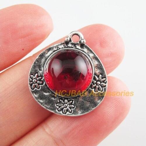6 New Heart Charms Red Glaze Flower Pendants Tibetan Silver Tone 20x22mm