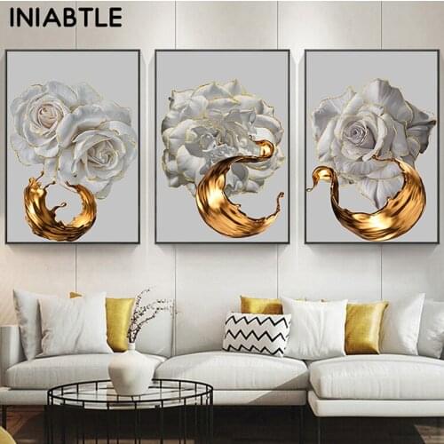 White Rose Flower Golden Ink Splash Abstract Painting Canvas Poster Nordic Plant Wall Art Picture Modern Living Room Home Decor