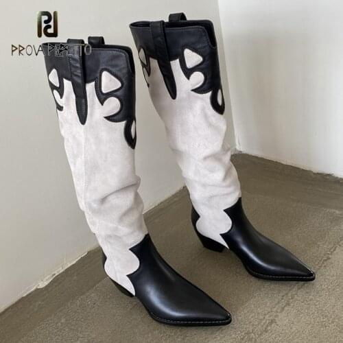 2021 Early Autumn New Pointed Toe Fashion Boots Retro Western Cowboy Boots Female Color Matching Thick Heel High Boots