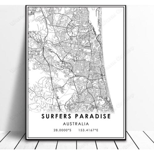 Black and White City Map The Surfers Paradise City Map Poster HD Print Wall Art Canvas Nordic Painting for Home Decor