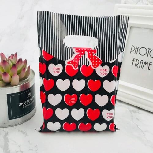 Black White Stripes Black Red Heart Print With Bow Plastic Bag With Handles 100pcs Plastic Jewelry Candy Gift Handle Bags 15x20