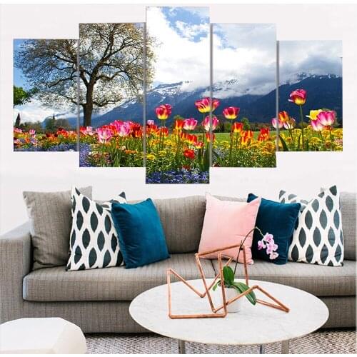 Pictures Living Room Decor 5 Pieces Flowers Sky Tree Wall Art Canvas Paintings HD Prints Beautiful Nature Of Switzerland Posters
