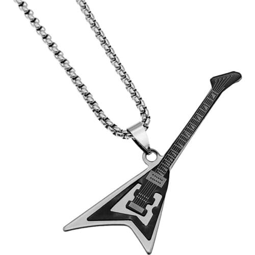 Gothic 2 layer Titanium Steel Guitar Necklace Men Musical Instrument Bass Pendant Women Jewelry Accessories Sweater Chain 4Color
