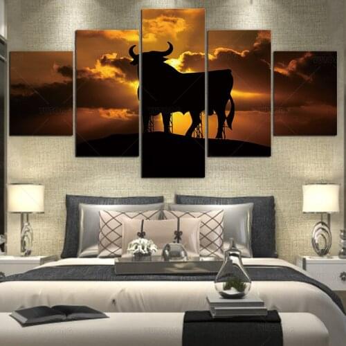 Canvas Wall Art Painting Texas Longhorn Cattle Art Print Poster Wall Decoration Home Decor 5 Panel Picture for living room