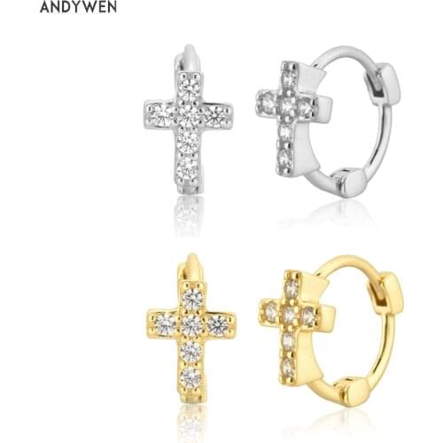 ANDYWEN 925 Sterling Silver 9mm Cross Huggies Hoops Luxury Zircon CZ Fashion Wedding Jewelry For Gift Luxury Women Special Clips